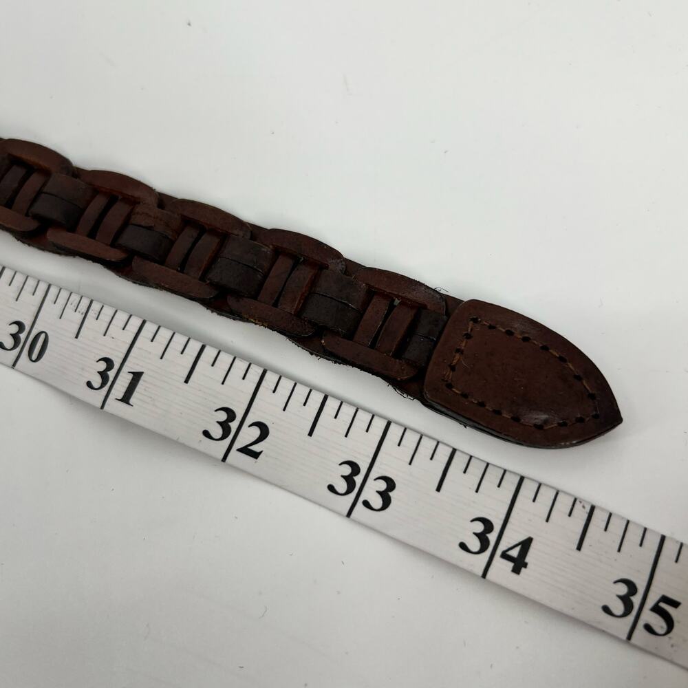Vintage Leather Belt Womens Small Brass Buckle Braided Chain Mahogany Brown Gold - Picture 7 of 9